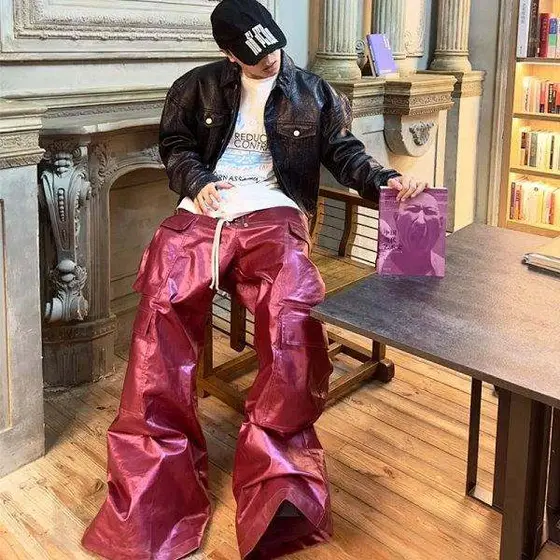 Metallic Red Cargo Wide‑Leg Pants