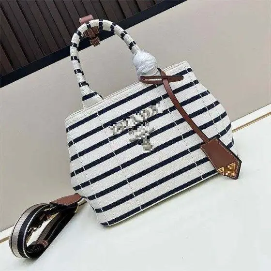 Prada striped canvas handbag 2025 new large-capacity leisure shoulder bag messen